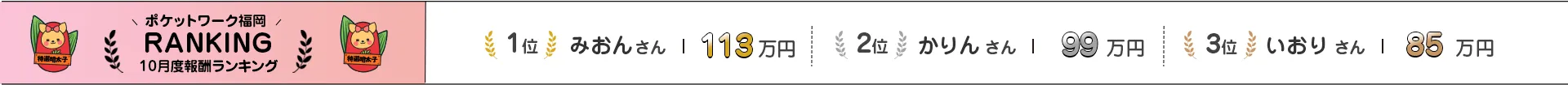 ポケットワーク福岡 10月度報酬ランキング | 1位 みおん さん 113万円 / 2位 かりん さん 99万円 / 3位 いおり さん 85万円