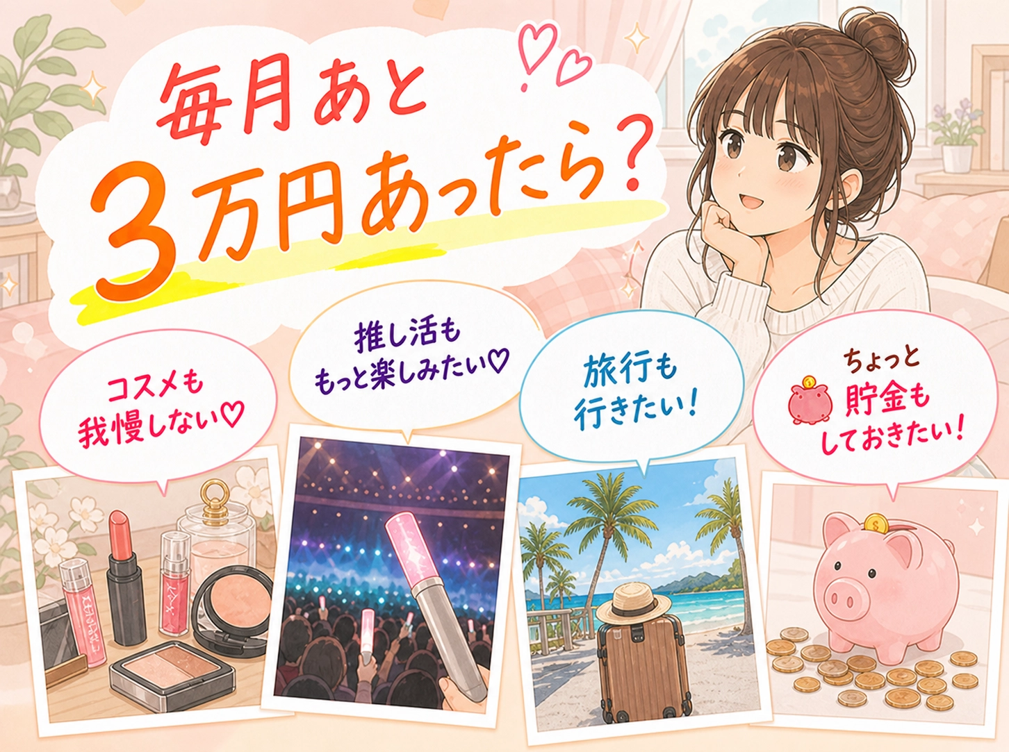毎月あと3万円あったら。コスメ、推し活、旅行、貯金など、やりたいことを我慢しない暮らし