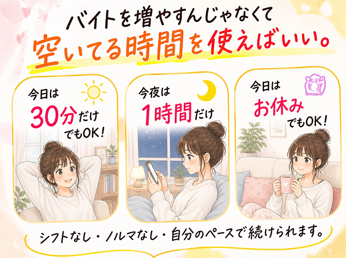 バイトを増やさず空いてる時間を使えばいい。30分だけ、1時間だけ、休日だけでも自分のペースで続けられます