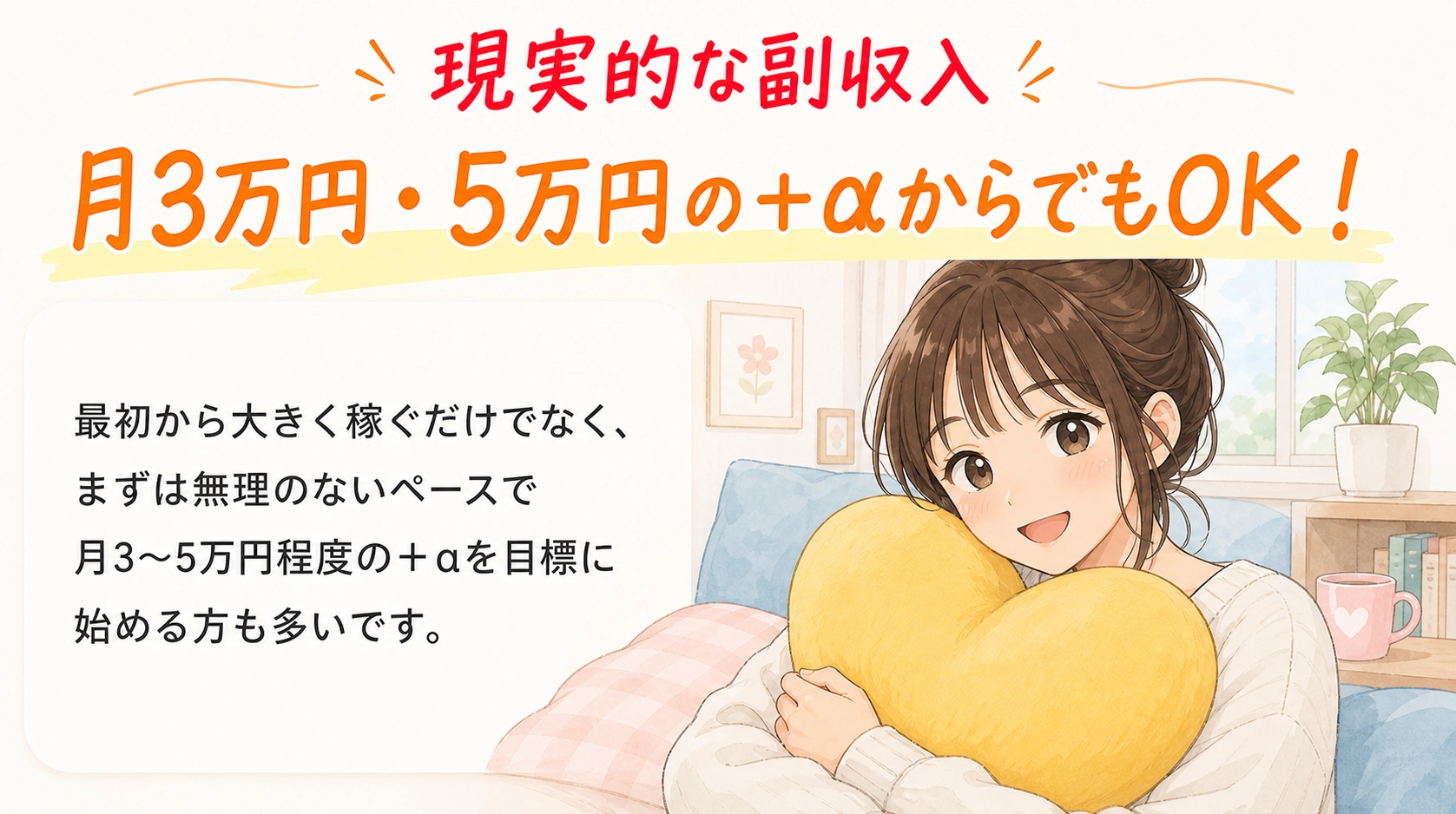 現実的な副収入。月3万円・5万＋αからでも始められ、無理のないペースで取り組めます