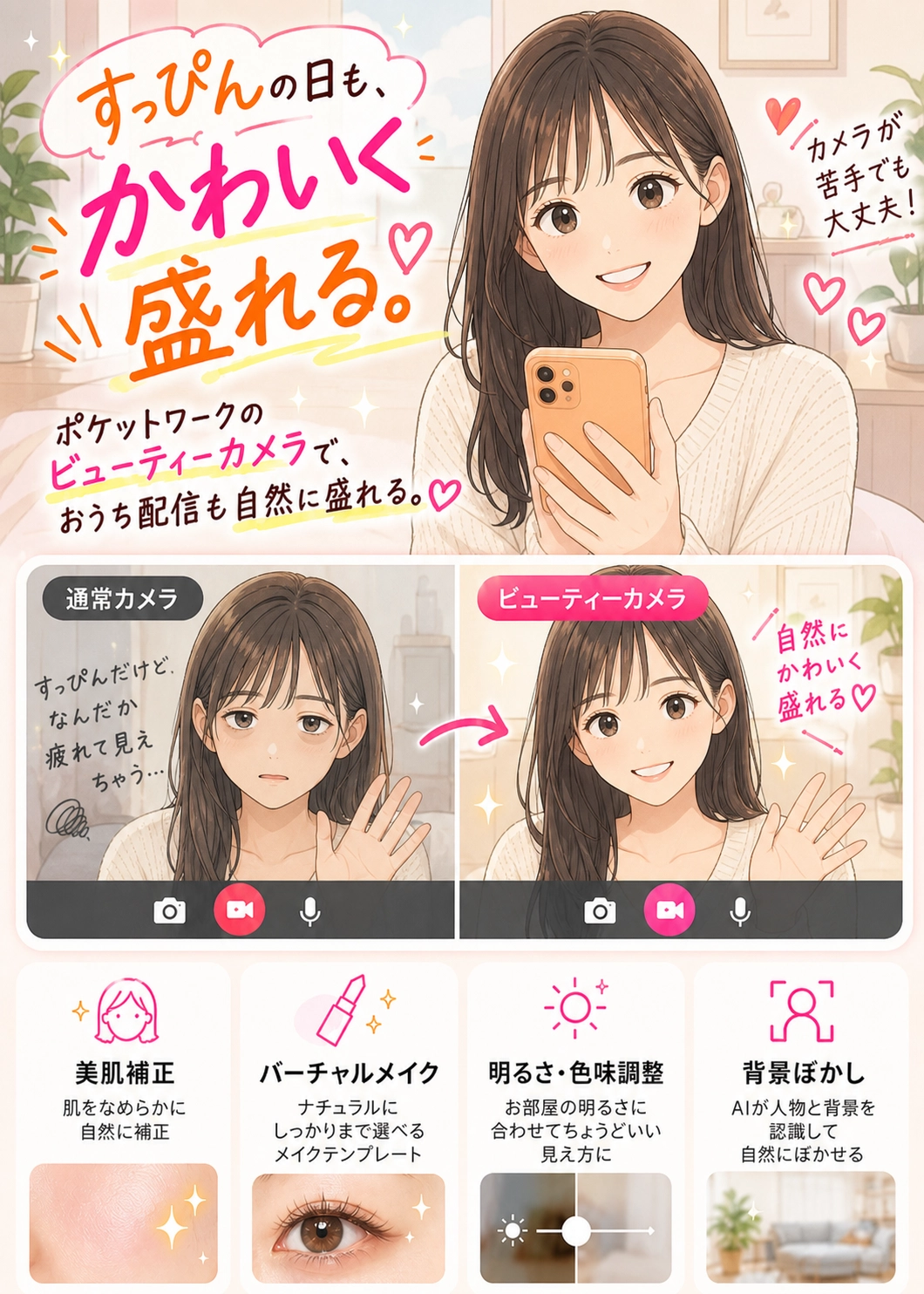 ポケットワークのビューティーカメラ。すっぴんの日も自然にかわいく映れ、美肌補正・バーチャルメイク・明るさや色味の調整・背景ぼかしができます