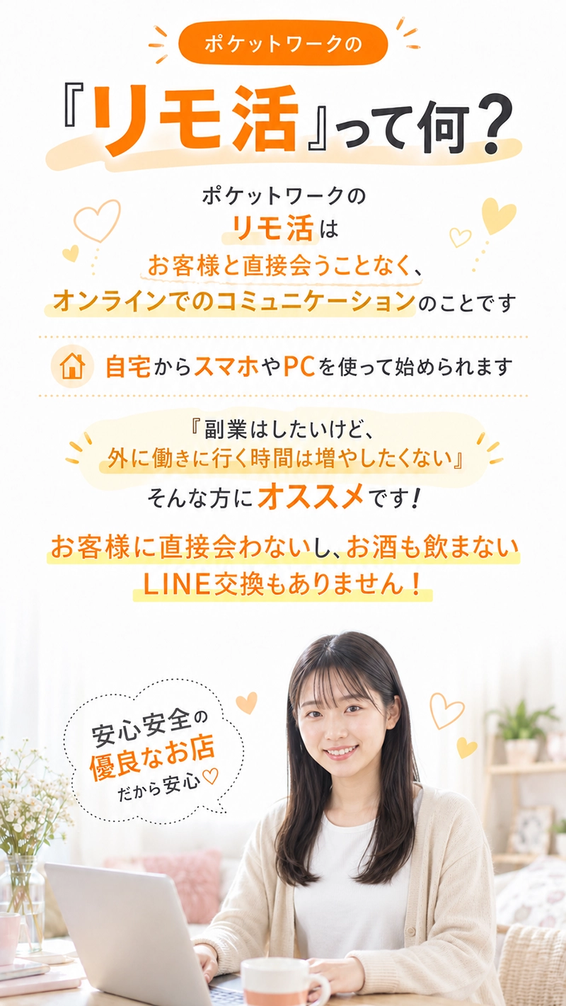 ポケットワークのリモ活とは。お客様と直接会わずにオンラインでコミュニケーションする仕事。自宅からスマホやPCで始められ、LINE交換も不要です